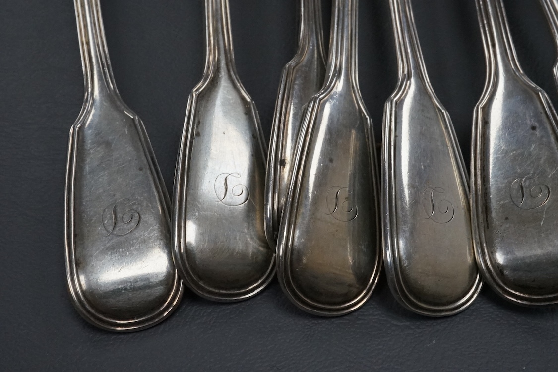 A set of eight William IV silver fiddle and thread pattern table forks, by Mary Chawner, London, 1834, 20.7cm and six matching table spoons, London, 1835, 40.5oz.